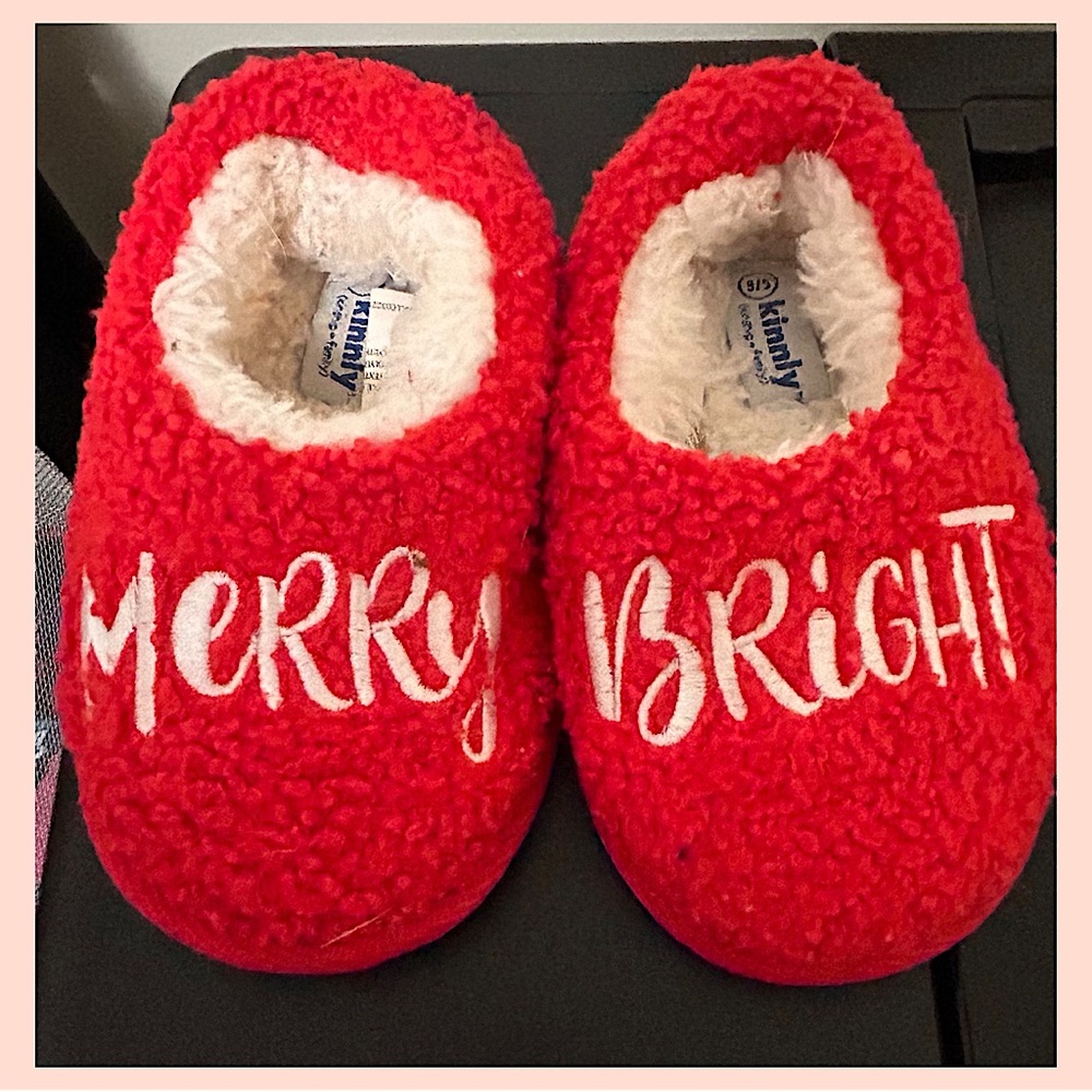 New! Merry Bright Red Kids Slippers